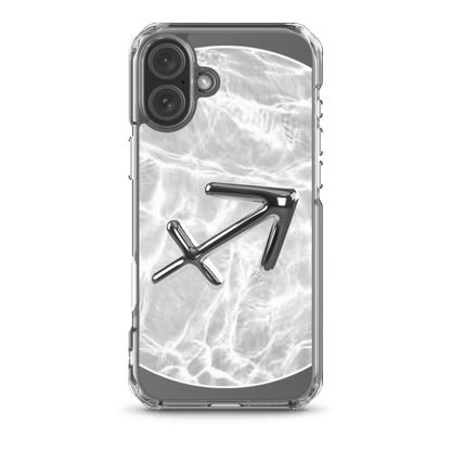 Zodiac Sagittarius Magsafe clear iPhone case with metallic design over marble finish.