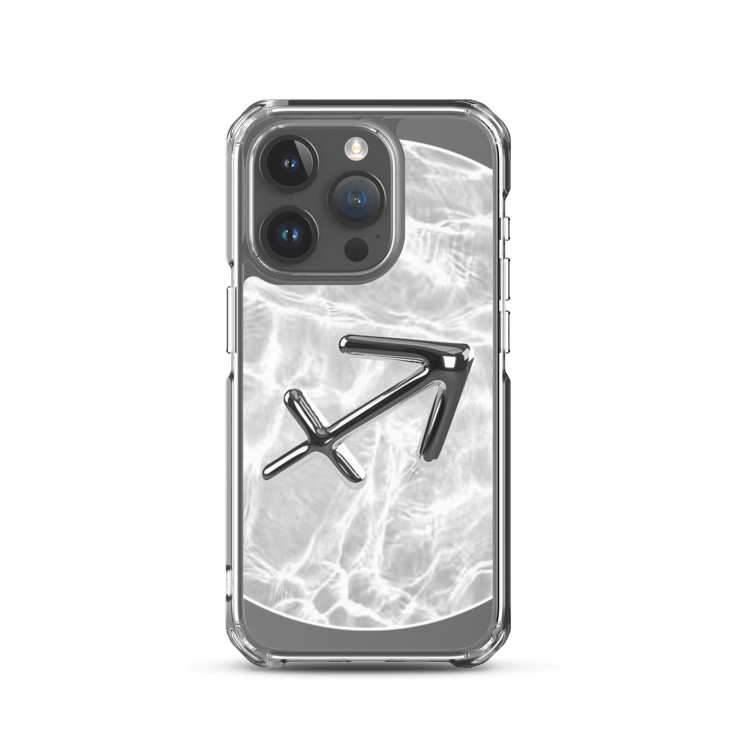 Zodiac Sagittarius Magsafe clear iPhone case with metallic design on marble ripple background.