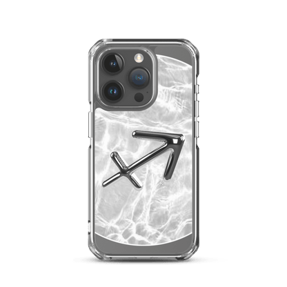 Zodiac Sagittarius Magsafe clear iPhone case with metallic design on marble ripple background.