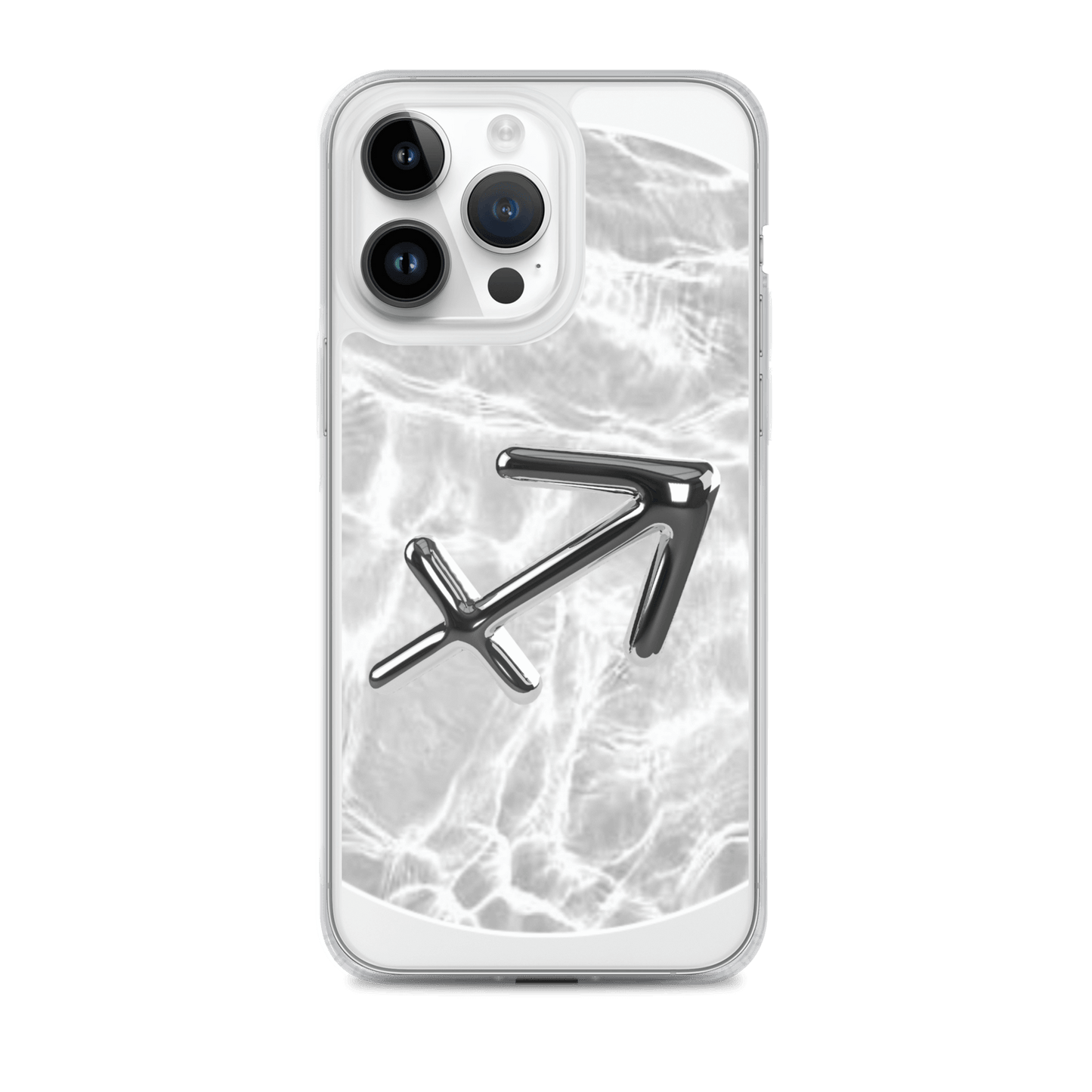 Zodiac Sagittarius Magsafe clear iPhone case with metallic design on marble-inspired background.