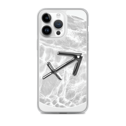 Zodiac Sagittarius Magsafe clear iPhone case with metallic design on marble-inspired background.
