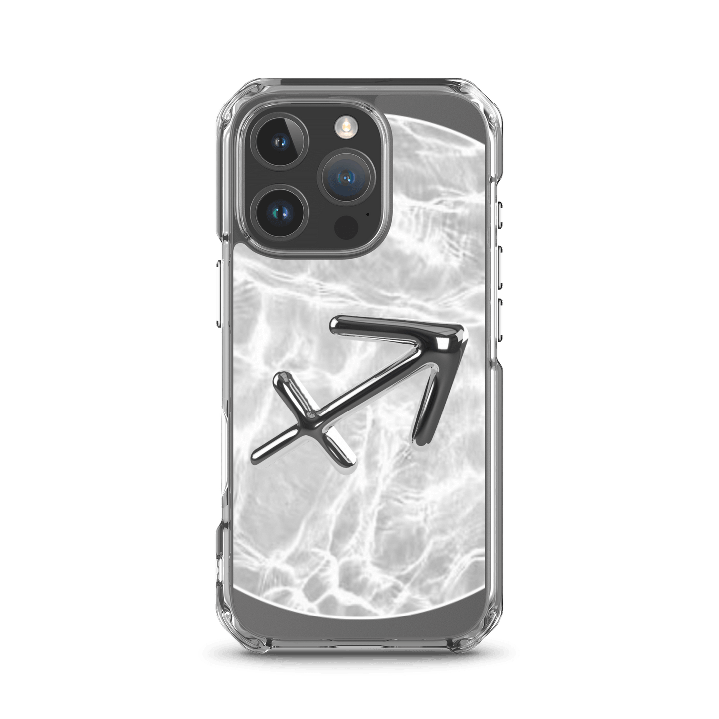 Sagittarius Magsafe clear iPhone case with metallic design over marble finish, blending style and protection.