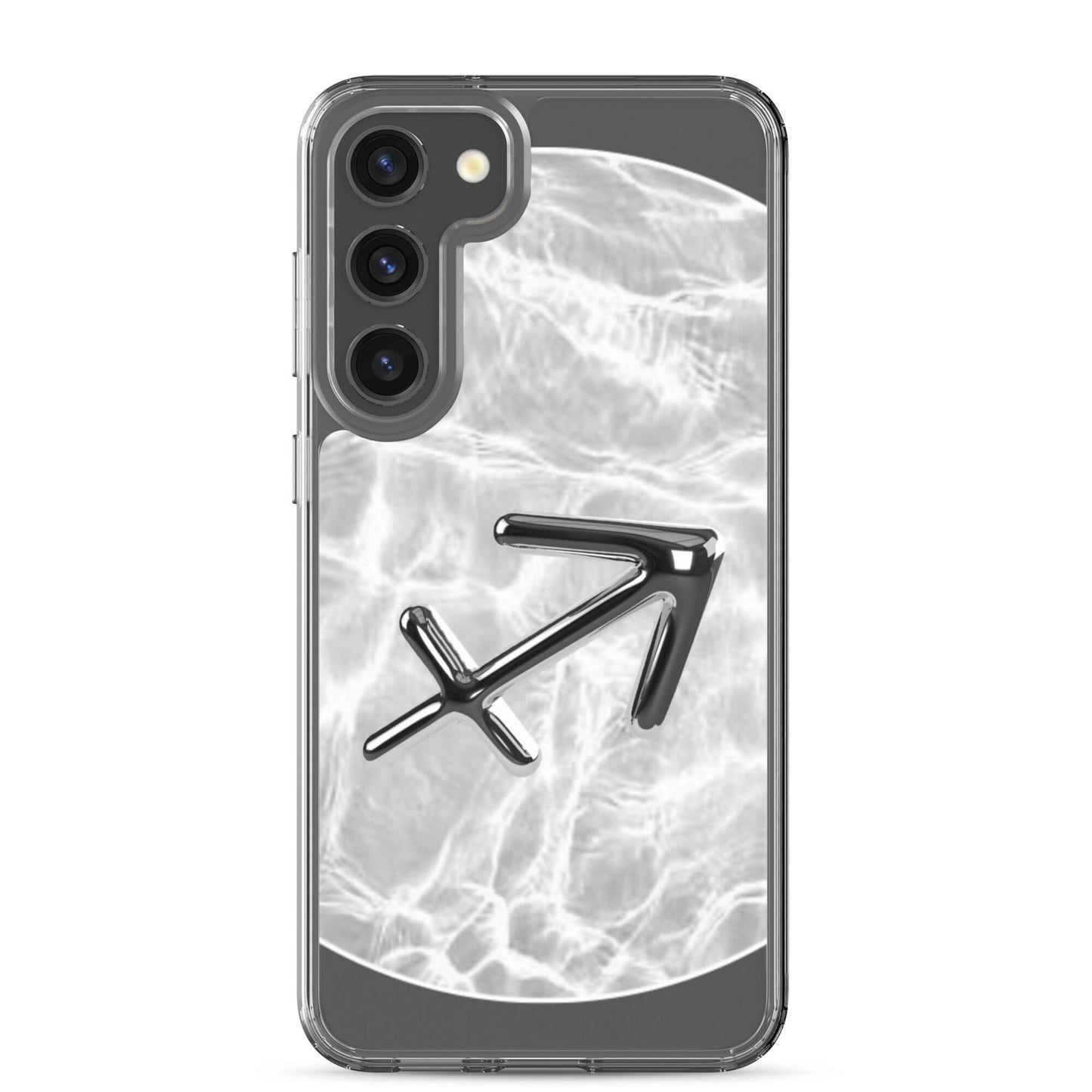 Zodiac Sagittarius Samsung phone case with Ripple Marble design featuring a silver archer symbol.