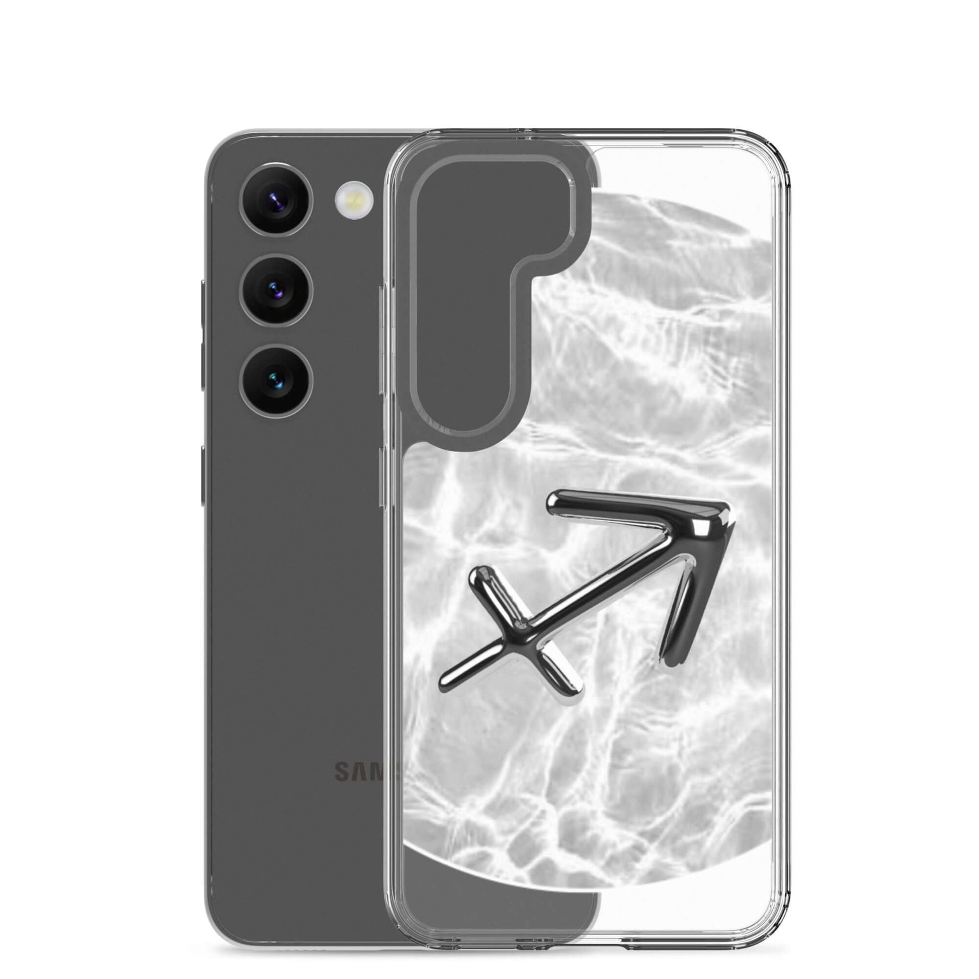 Zodiac Sagittarius Samsung Phone Case featuring a silver airplane design on a ripple marble background.