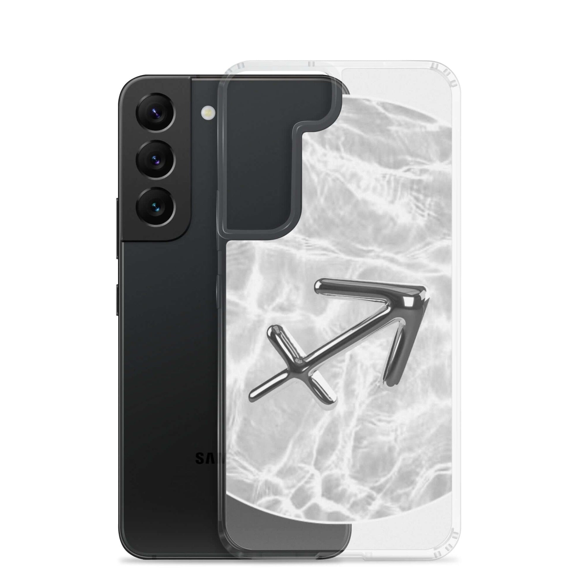 Zodiac Sagittarius Samsung Phone Case featuring a silver archer symbol on a ripple marble design.
