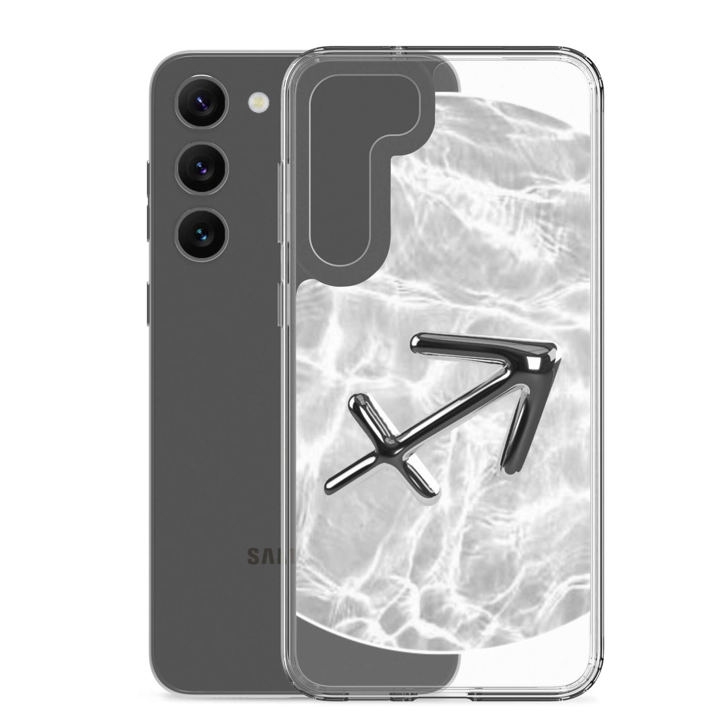 Zodiac Sagittarius Samsung Phone Case with Ripple Marble design and silver archer symbol.