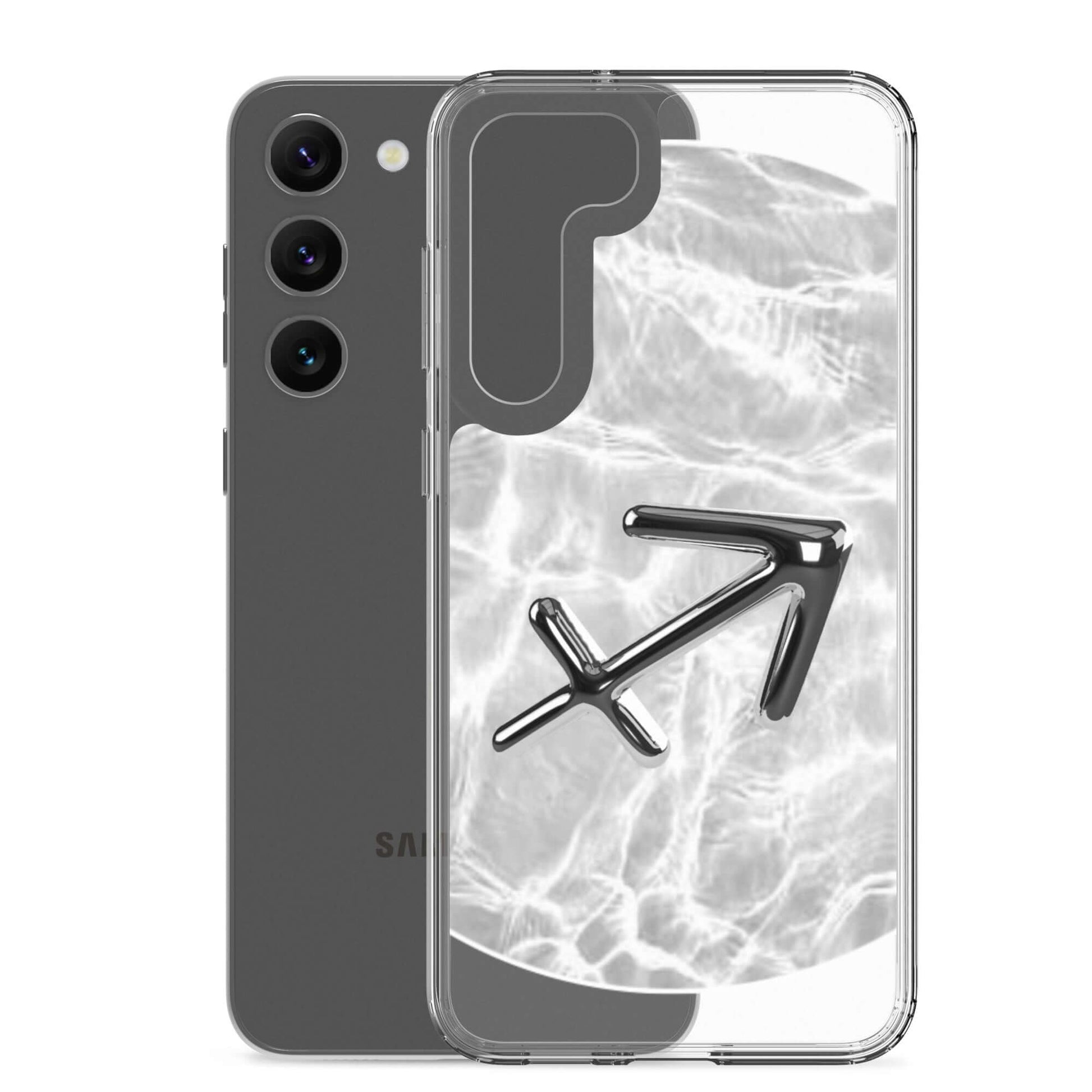 Zodiac Sagittarius Samsung Phone Case with Ripple Marble design and silver archer symbol.