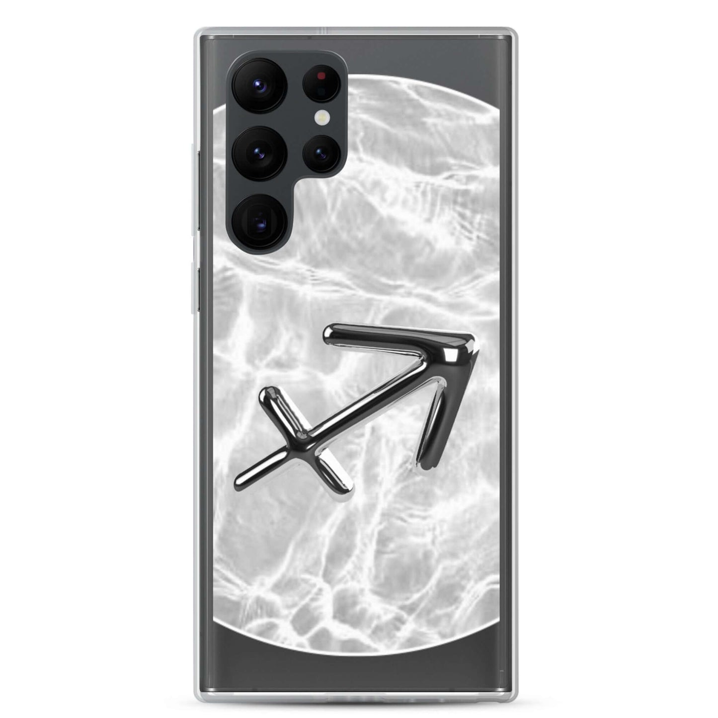 Zodiac Sagittarius Samsung Phone Case with Ripple Marble design and silver archer symbol.
