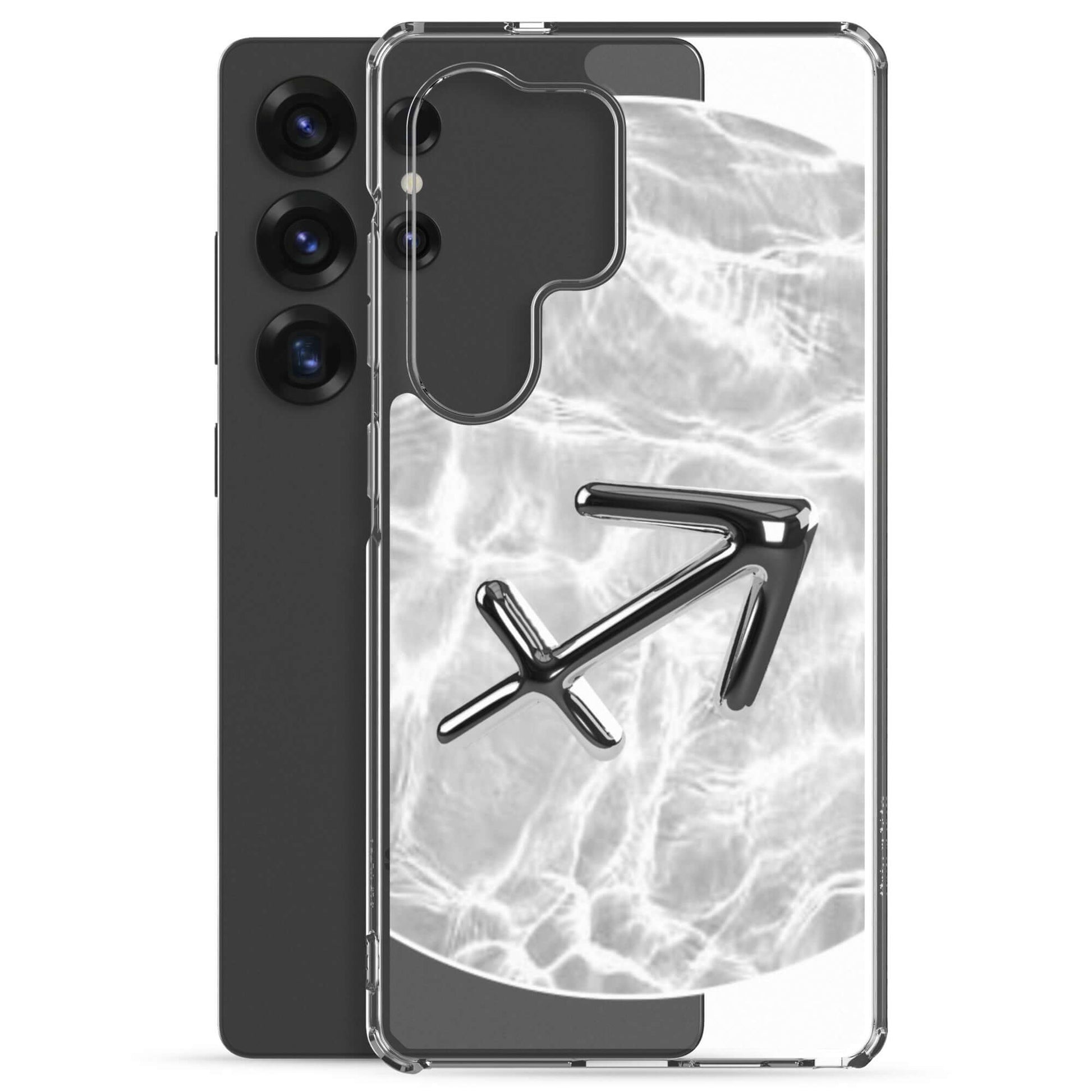 Zodiac Sagittarius Samsung Phone Case with Ripple Marble finish, featuring a silver archer symbol on a transparent background.