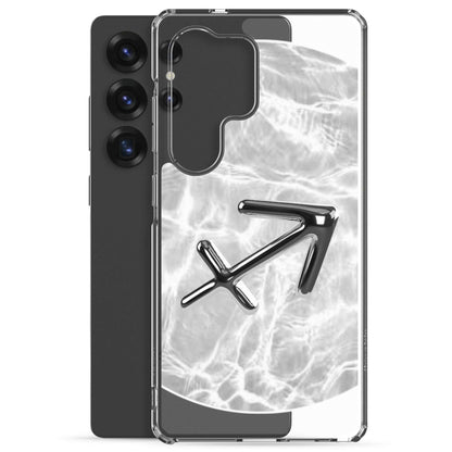 Zodiac Sagittarius Samsung Phone Case with Ripple Marble finish, featuring a silver archer symbol on a transparent background.