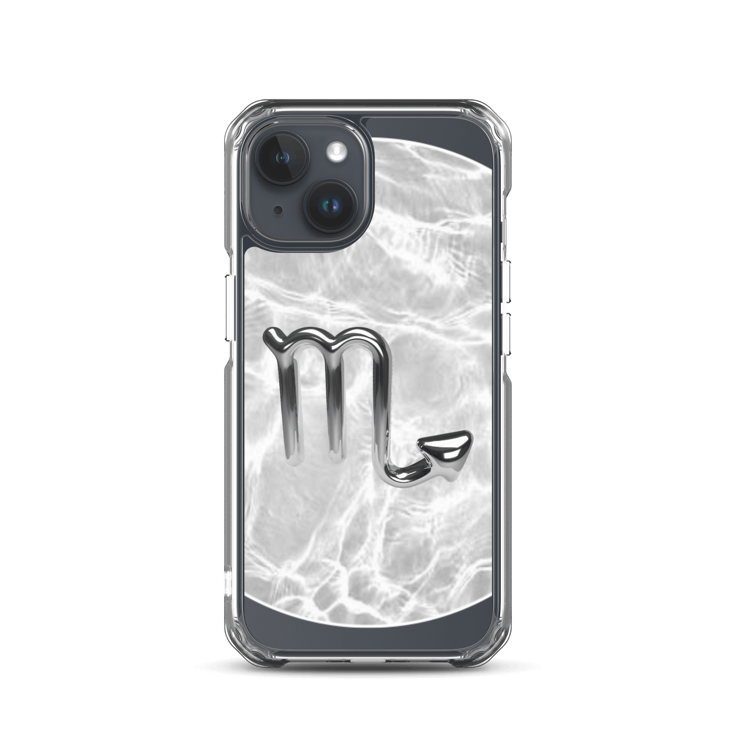 Zodiac Scorpio MagSafe iPhone case with metallic design on marble-inspired background.