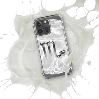 Zodiac Scorpio MagSafe clear iPhone case with metallic design in splash of milk, showcasing cosmic style and sleek protection.
