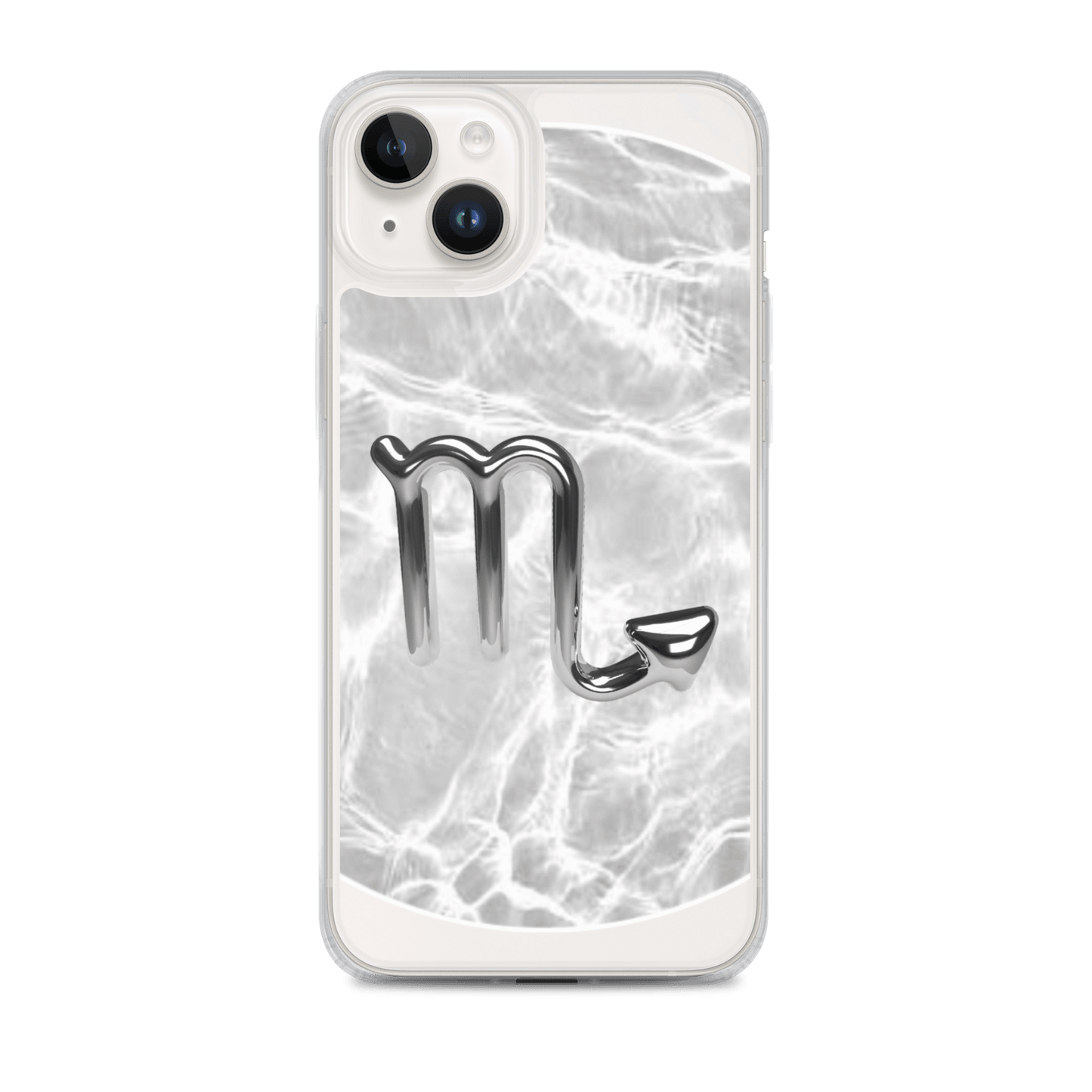 Zodiac Scorpio Magsafe clear iPhone case with metallic design on marble-inspired background.