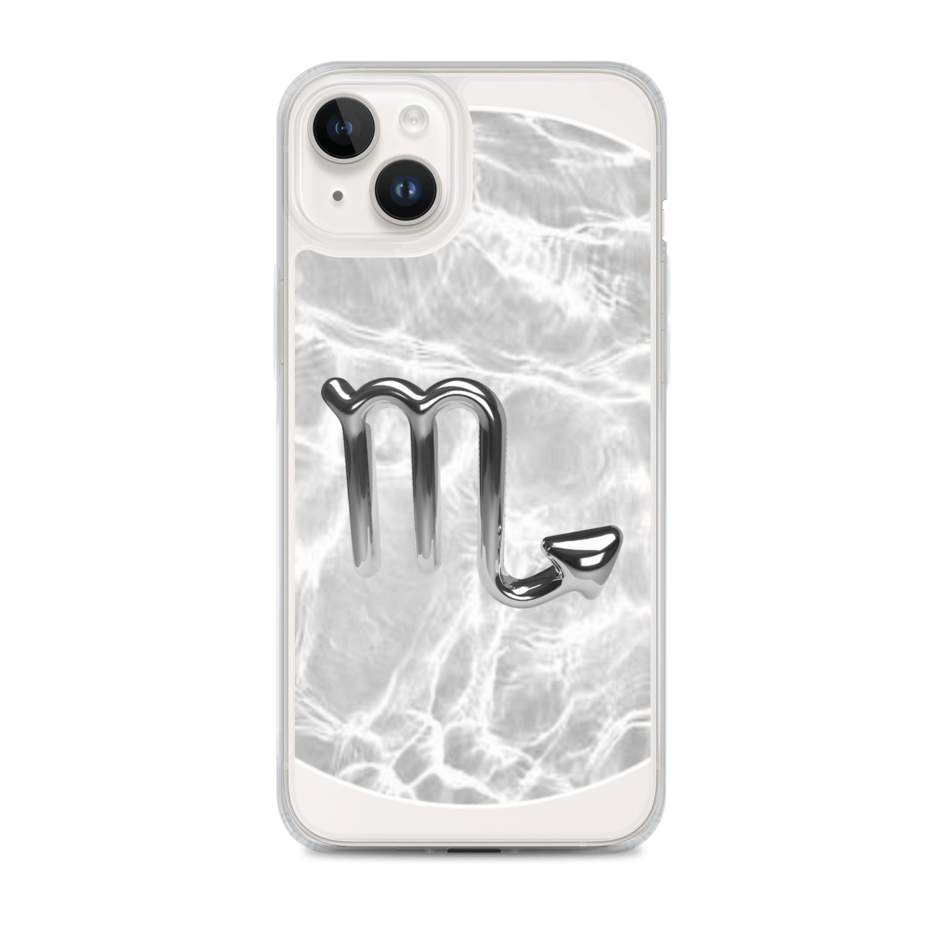 Zodiac Scorpio Magsafe clear iPhone case with metallic design on marble-inspired background.