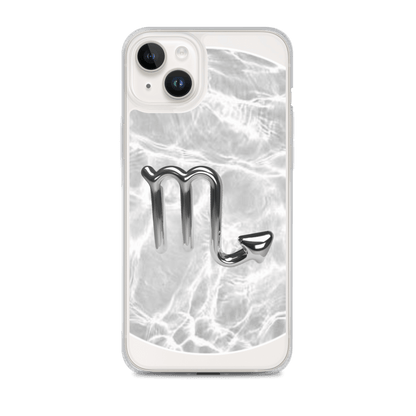 Zodiac Scorpio Magsafe clear iPhone case with metallic design on marble-inspired background.