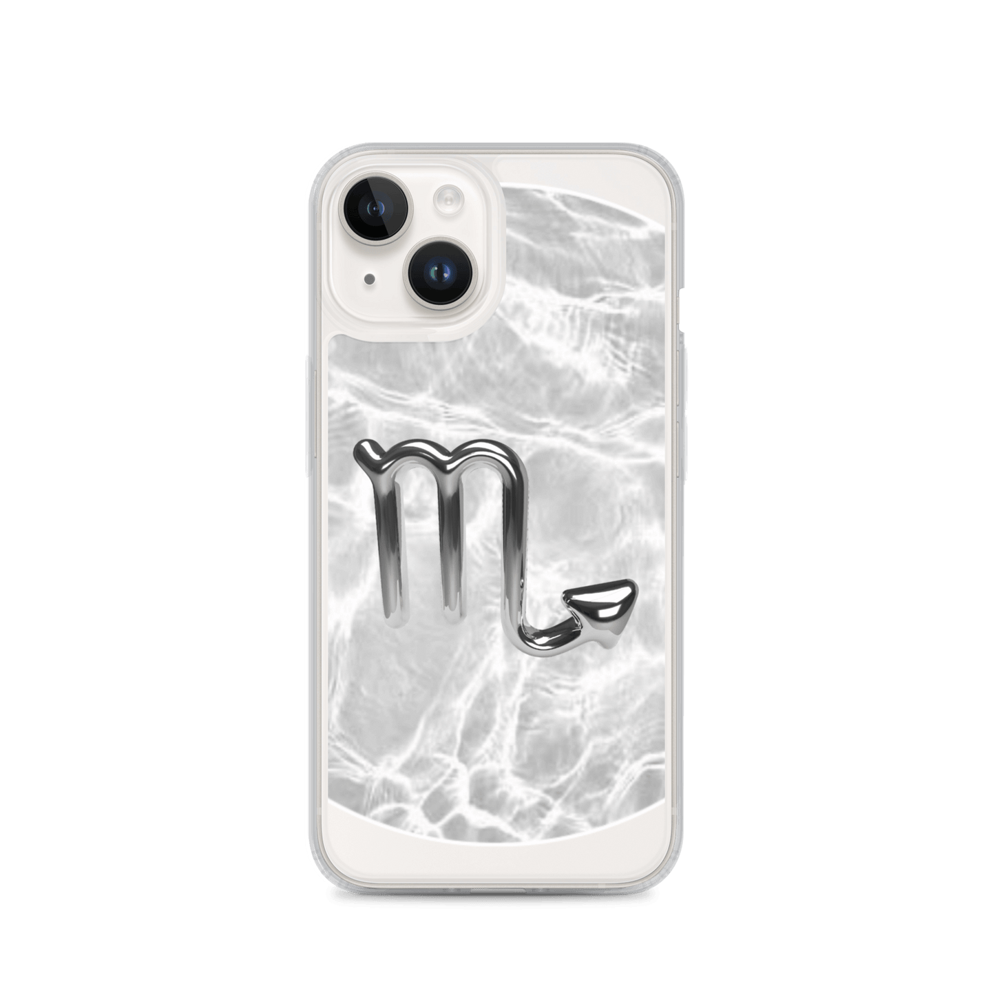 Cosmic Scorpio Magsafe clear iPhone case with marble-inspired design and sleek metallic logo.