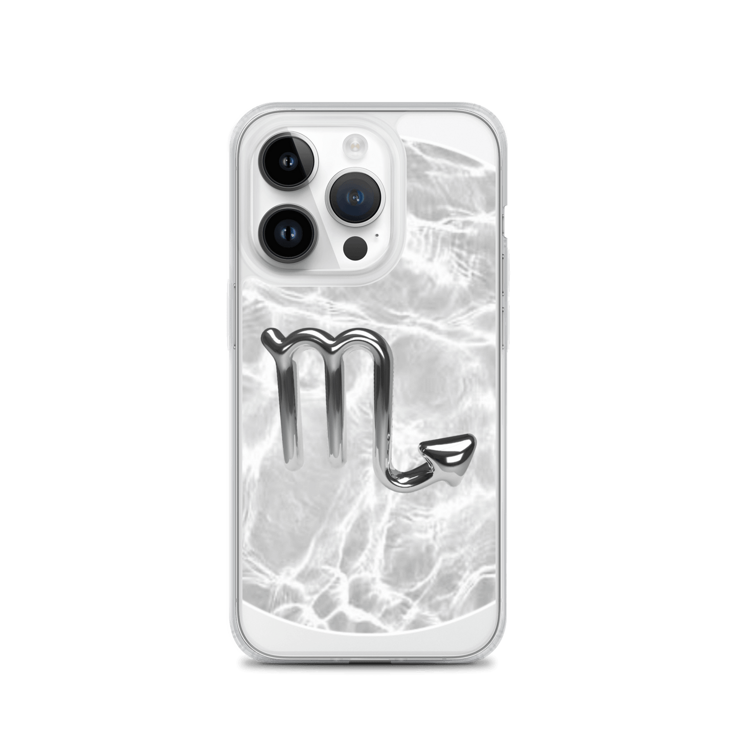 Zodiac Scorpio MagSafe clear iPhone case with a metallic design over marble ripple pattern.