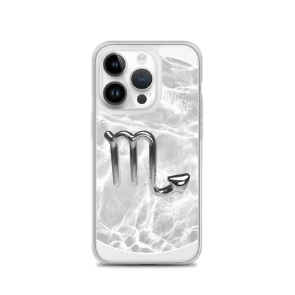 Zodiac Scorpio MagSafe clear iPhone case with a metallic design over marble ripple pattern.