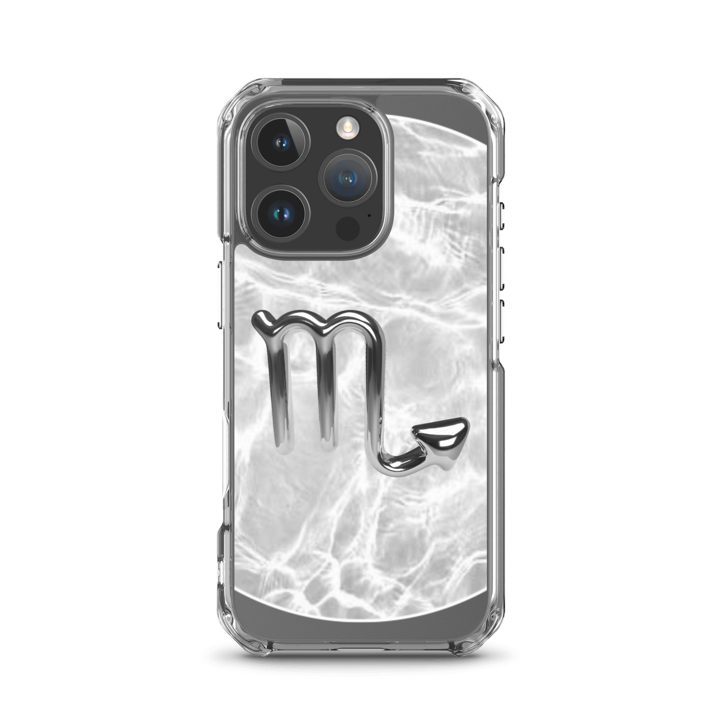 Zodiac Scorpio Magsafe iPhone case with metallic design on marble-inspired background.