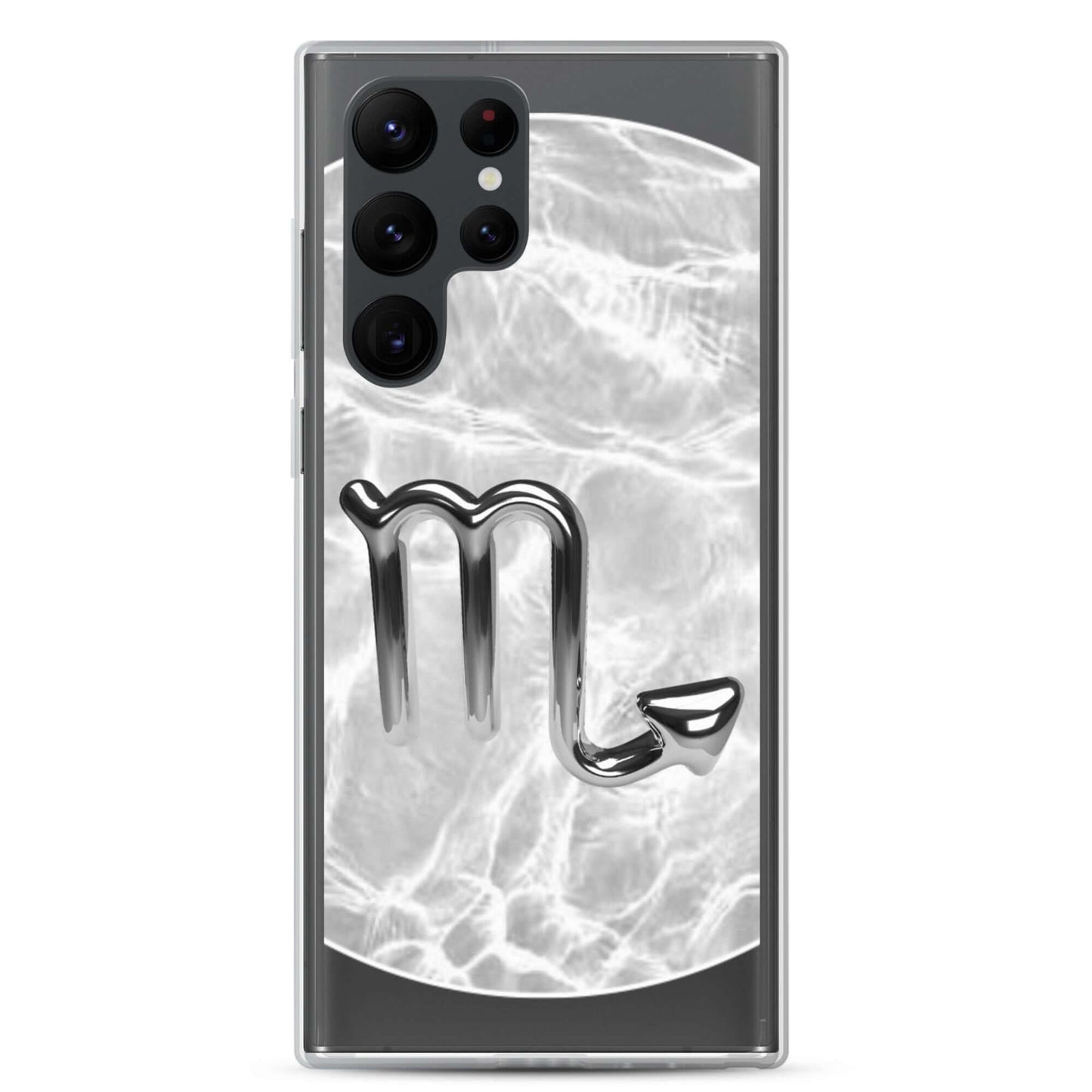 Zodiac Scorpio Samsung Phone Case with Ripple Marble design, showcasing scorpion emblem and sleek transparent sides.