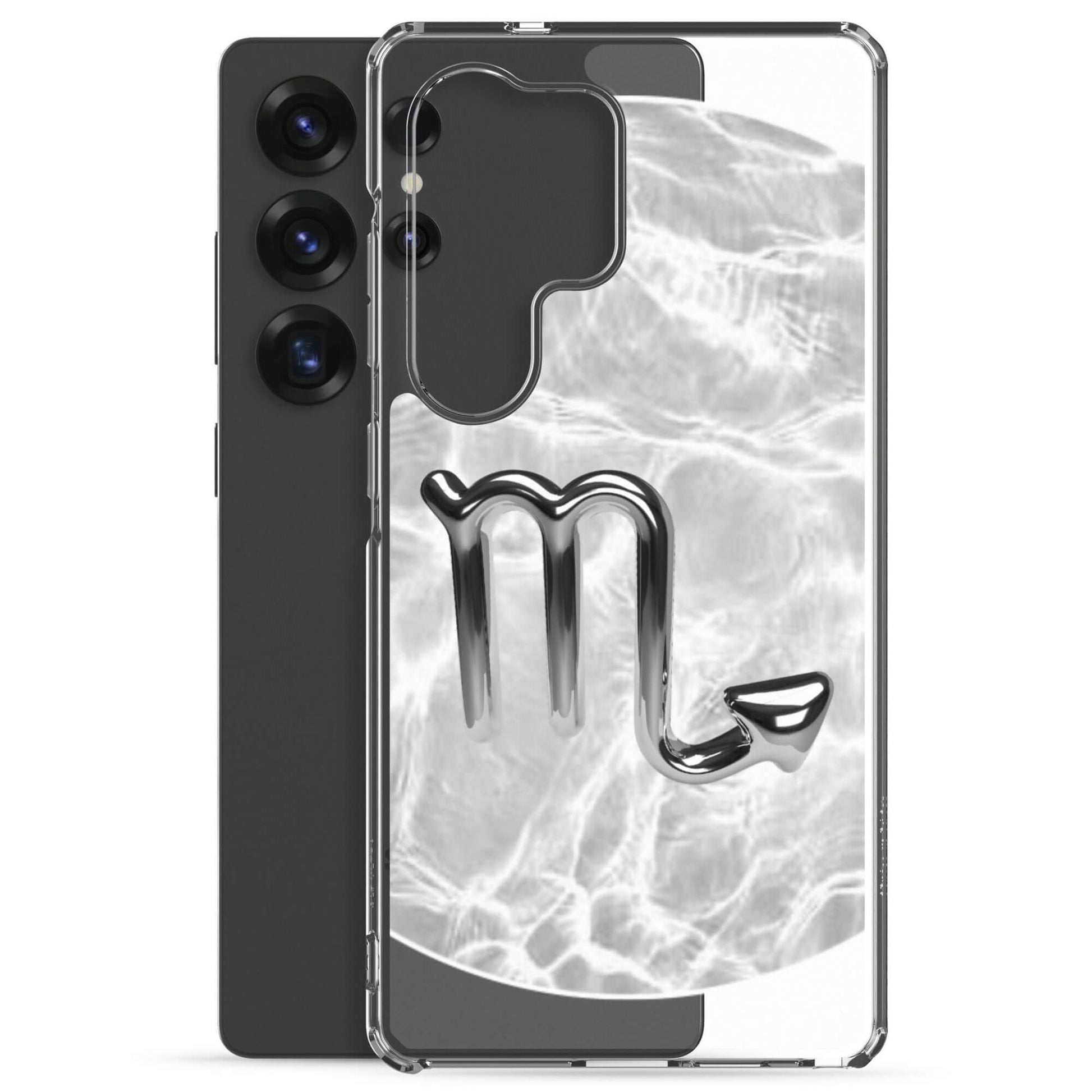 Zodiac Scorpio Samsung Phone Case with Ripple Marble design, showcasing a stylish silver Scorpio symbol.