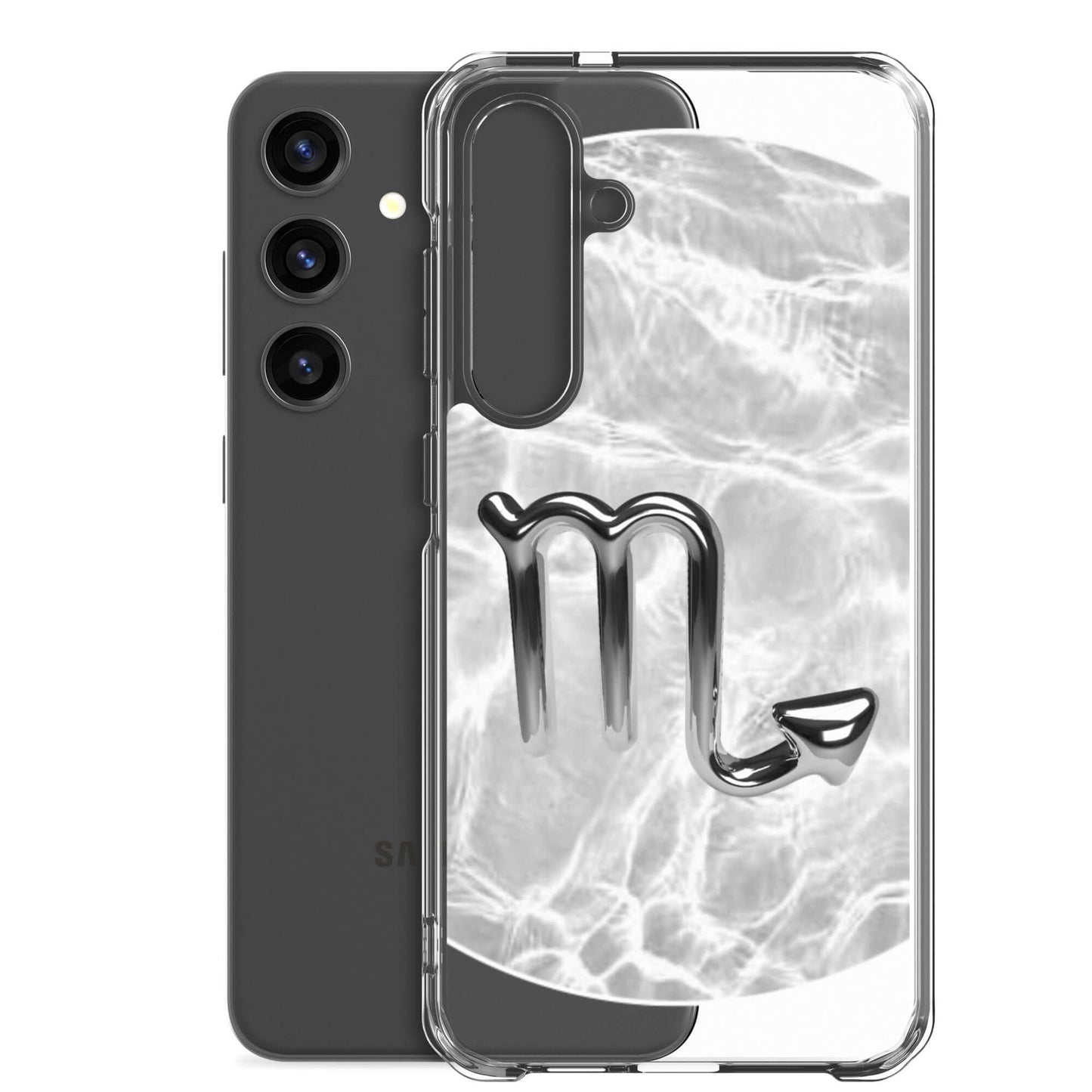 Zodiac Scorpio Samsung Phone Case featuring Ripple Marble design with scorpion symbol and sleek transparent sides.