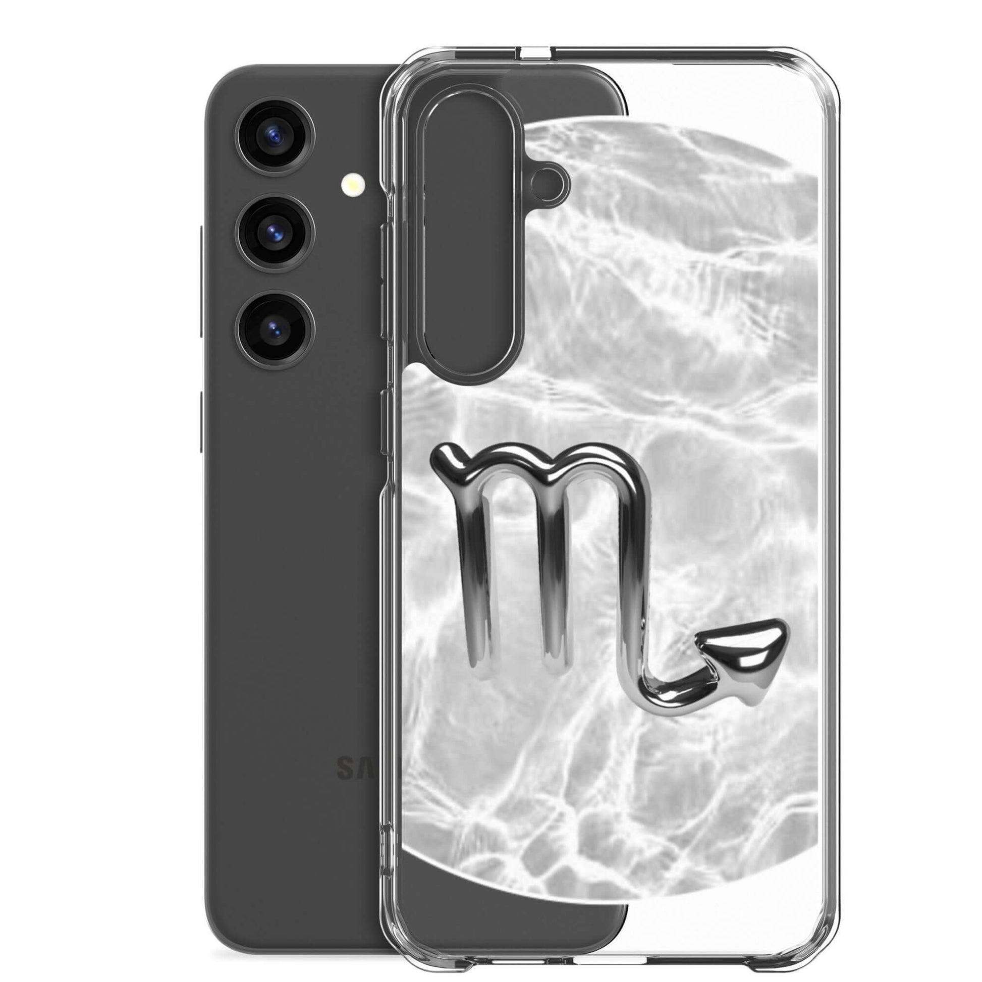 Zodiac Scorpio Samsung Phone Case featuring Ripple Marble design with scorpion symbol and sleek transparent sides.