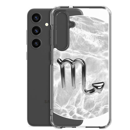 Zodiac Scorpio Samsung Phone Case featuring Ripple Marble design with scorpion symbol and sleek transparent sides.