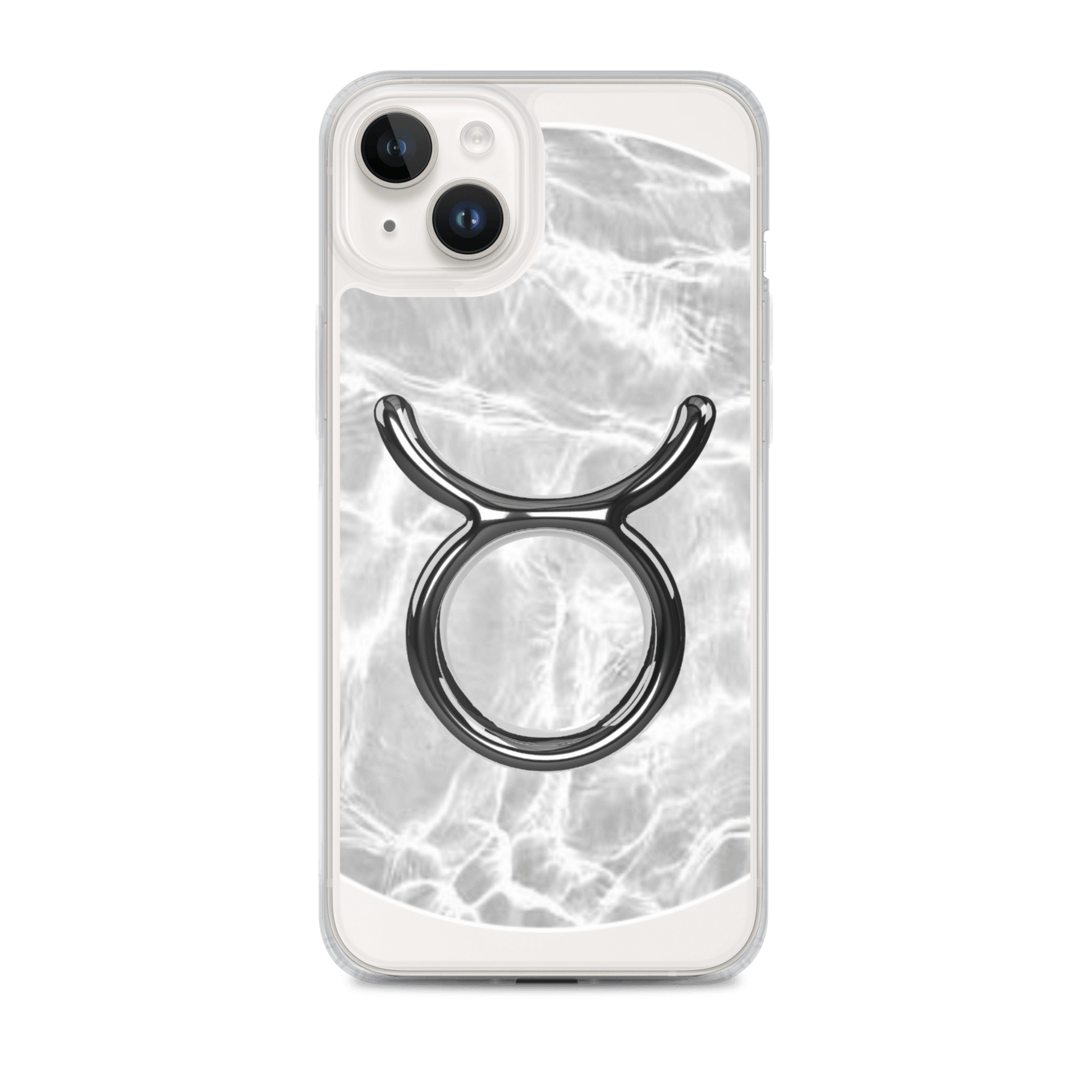 Zodiac Taurus MagSafe clear iPhone case with marble metallic design, showcasing a Taurus symbol on a sleek finish.