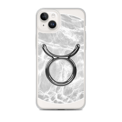 Zodiac Taurus MagSafe clear iPhone case with marble metallic design, showcasing a Taurus symbol on a sleek finish.