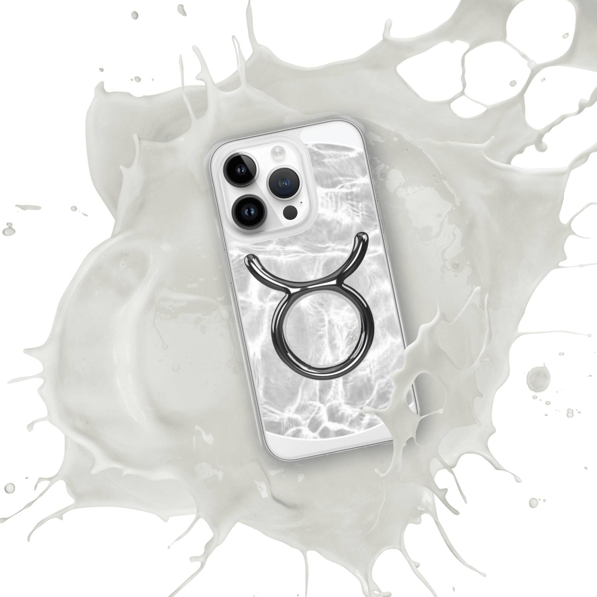 Zodiac Taurus Magsafe clear iPhone case with marble design and metallic Taurus emblem in a splash of white