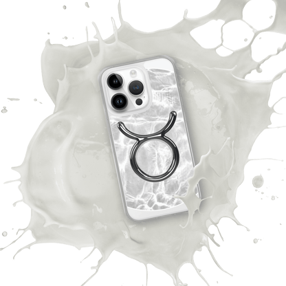 Zodiac Taurus Magsafe clear iPhone case with marble design and metallic Taurus emblem in a splash of white