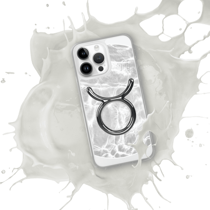 Zodiac Taurus Magsafe clear iPhone case with marble metallic design, showcasing elegant Taurus symbol.
