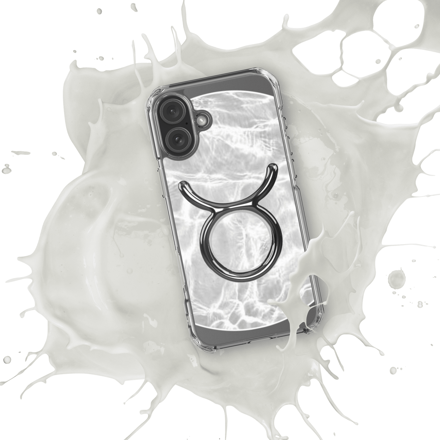 Zodiac Taurus Magsafe clear iPhone case with metallic design in marble finish, splashed in white liquid.