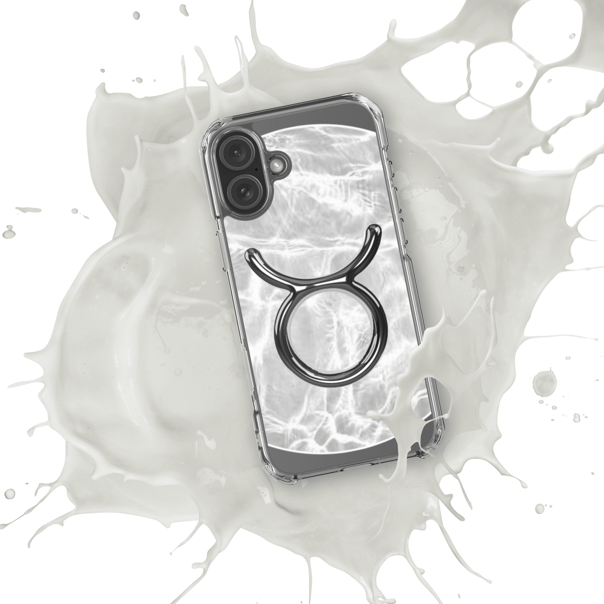 Zodiac Taurus Magsafe clear iPhone case with metallic design in marble finish, splashed in white liquid.
