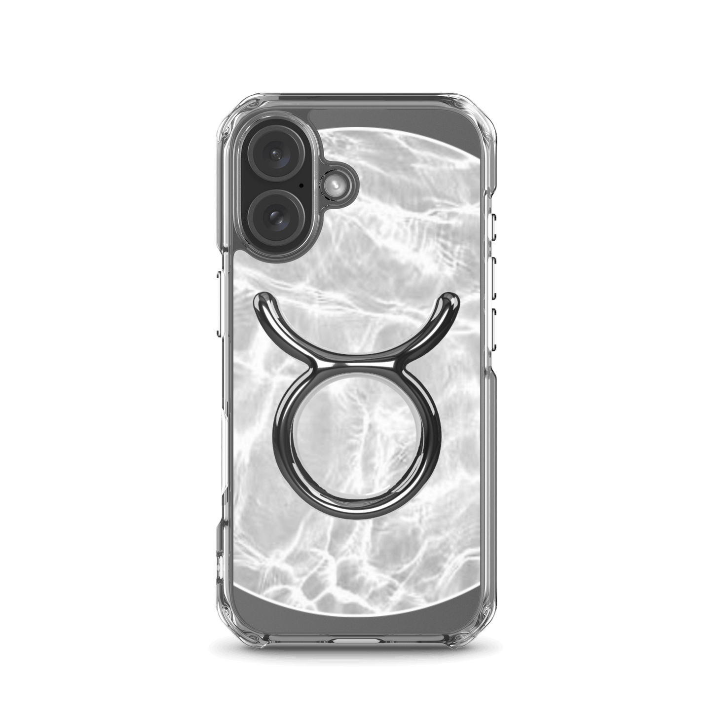 Zodiac Taurus Magsafe clear iPhone case with metallic design over marble pattern, combining elegance and strength.
