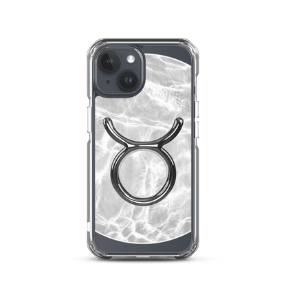 Zodiac Taurus Magsafe clear iPhone case with marble metallic design, showcasing elegance and protection.