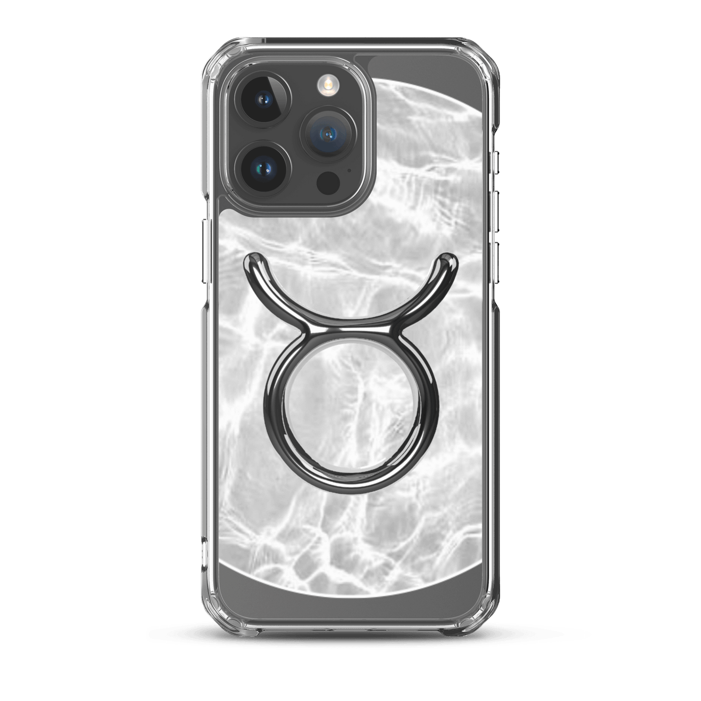 Zodiac Taurus Magsafe clear iPhone case featuring marble metallic design with a sleek finish.
