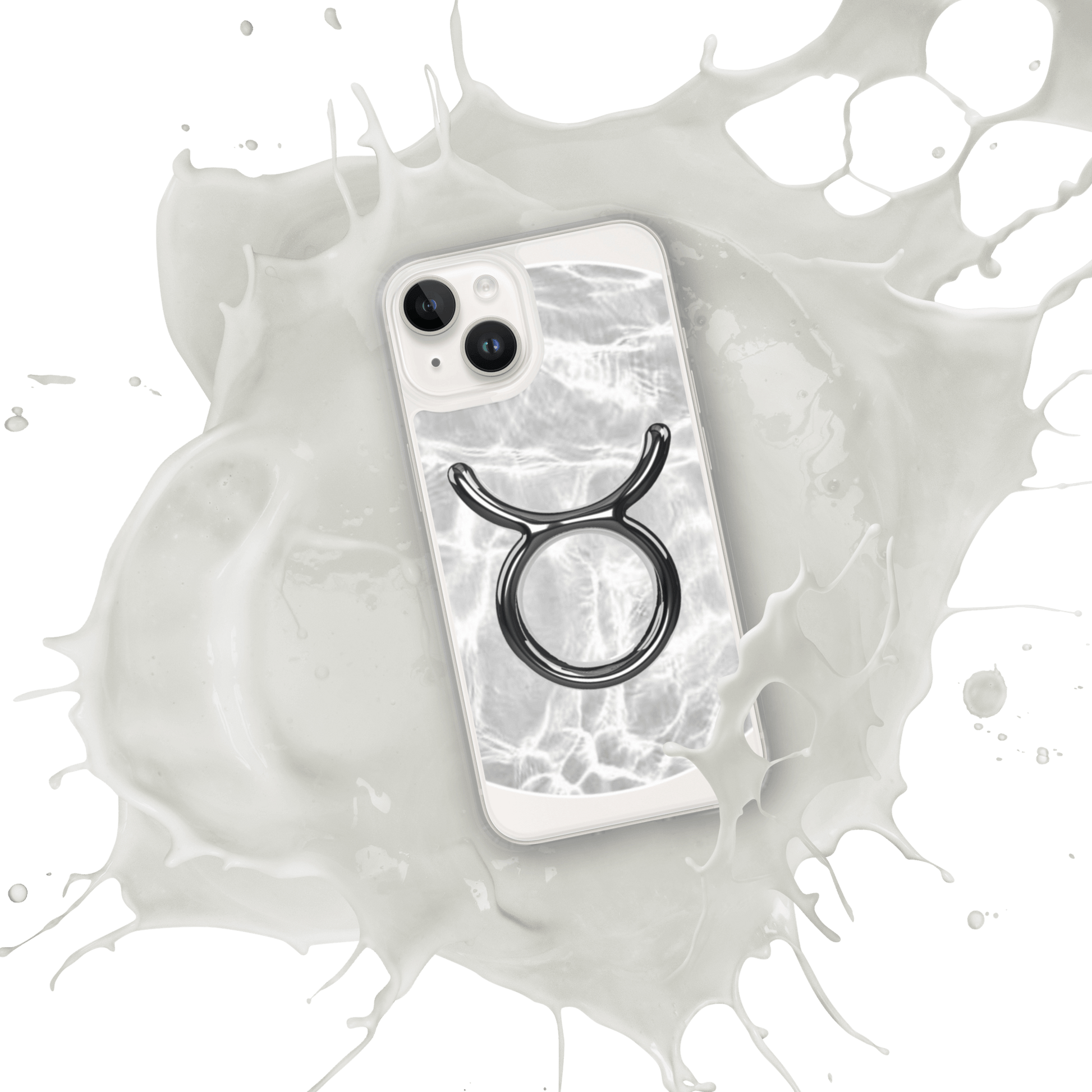 Zodiac Taurus clear iPhone case with marble design and metallic ring, set against a splash backdrop.
