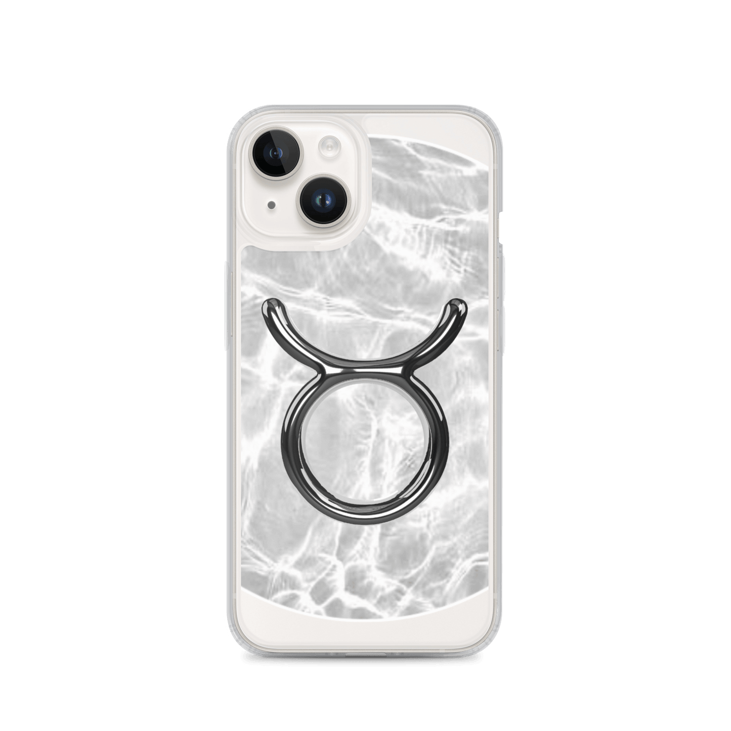 Zodiac Taurus Magsafe clear iPhone case with marble metallic design and elegant Taurus symbol.