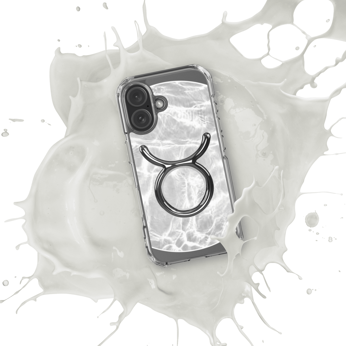 Zodiac Taurus Magsafe clear iPhone case with metallic design over marble-inspired texture.
