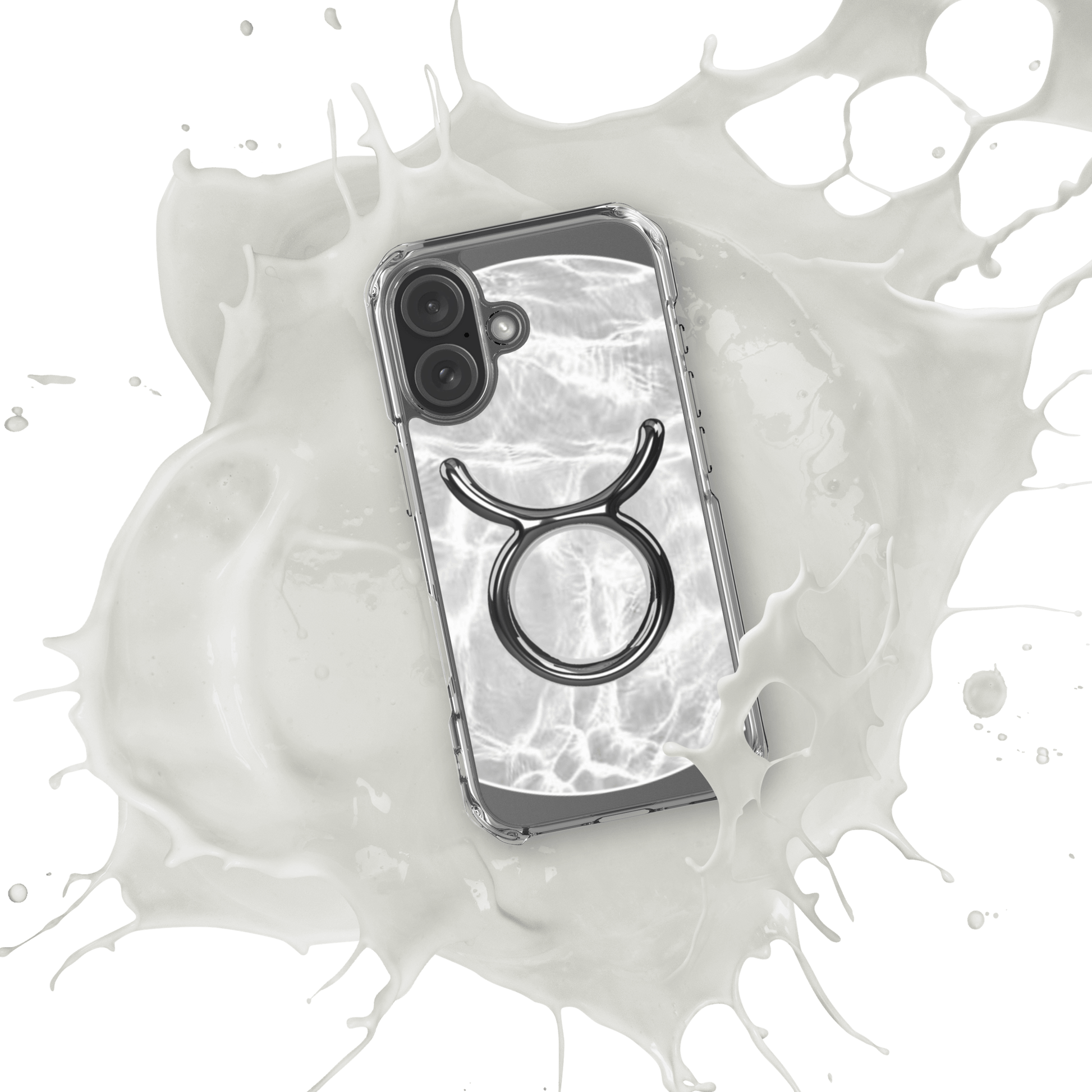 Zodiac Taurus Magsafe clear iPhone case with metallic design over marble-inspired texture.