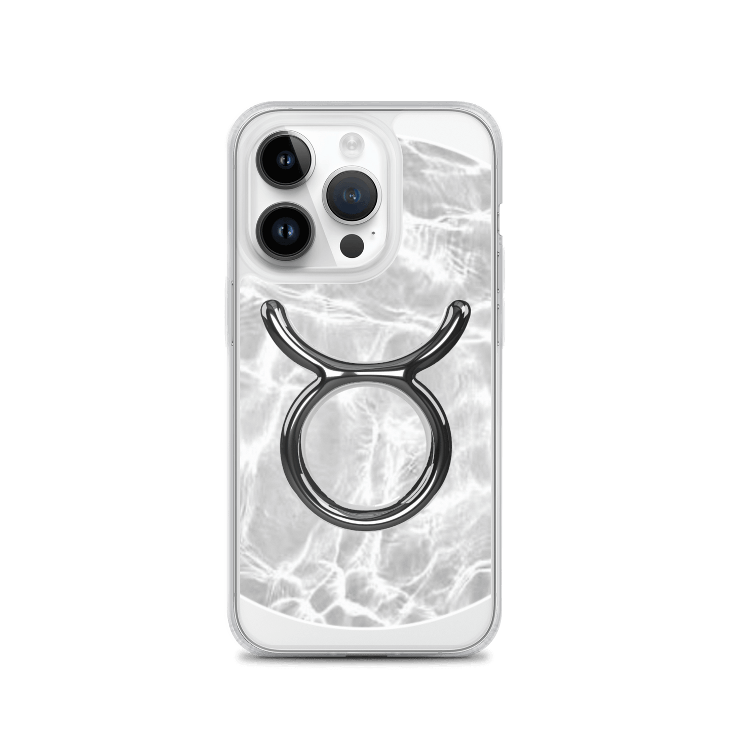 Zodiac Taurus MagSafe clear iPhone case with metallic design on a marble background, featuring premium protection and style.