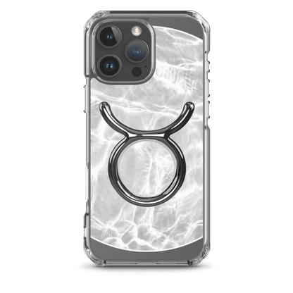 Zodiac Taurus Magsafe Clear iPhone Case with metallic design on marble-inspired background.