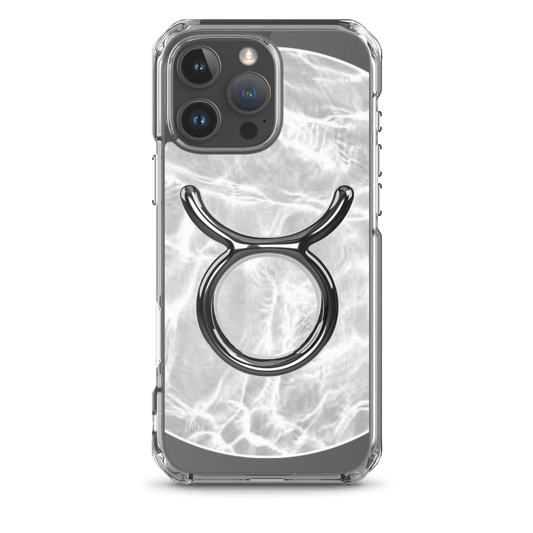Zodiac Taurus Magsafe Clear iPhone Case with metallic design on marble-inspired background.