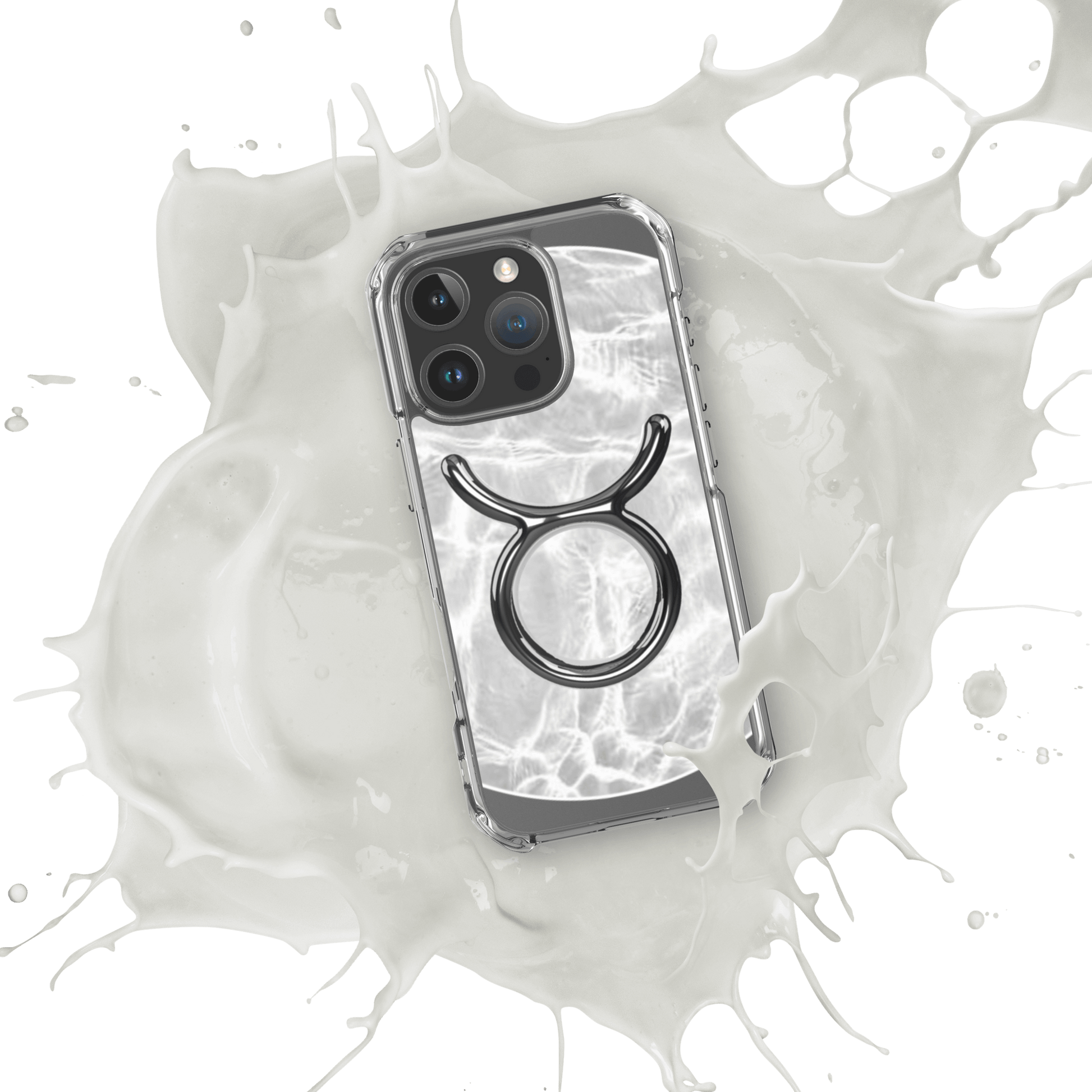 Zodiac Taurus Magsafe Clear iPhone case with marble metallic design splashing in white liquid.