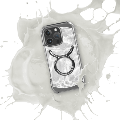 Zodiac Taurus Magsafe Clear iPhone case with marble metallic design splashing in white liquid.