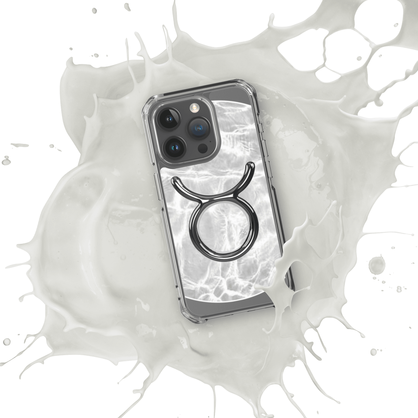 Zodiac Taurus Magsafe clear iPhone case with marble design, featuring a Taurus symbol and splash background.