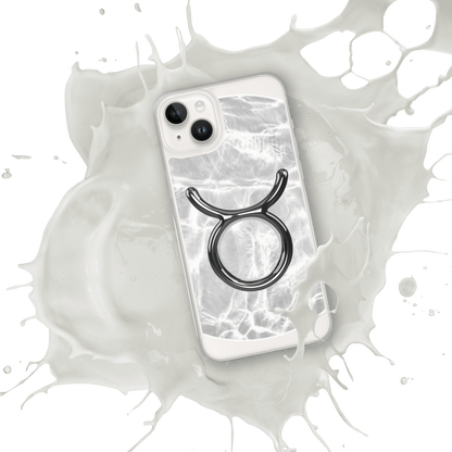 Zodiac Taurus Magsafe Clear iPhone Case with marble metallic design on a splash background.