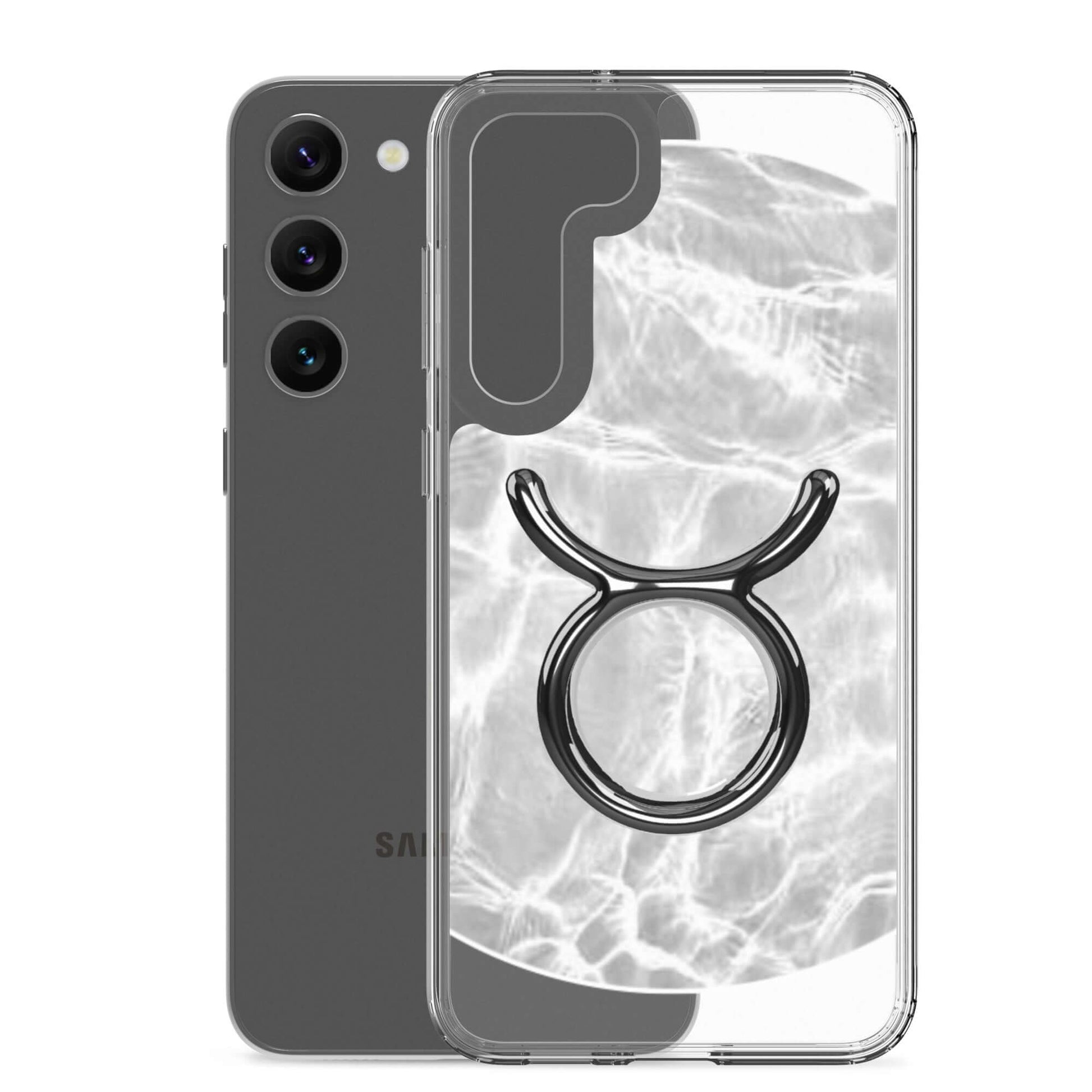 Zodiac Taurus Samsung Phone Case featuring a ripple marble design and Taurus symbol on a sleek transparent background.